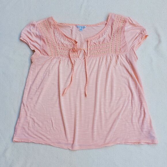American Eagle Peach Swiss Dot Embellished Cap Sleeve Top - Picture 3 of 12